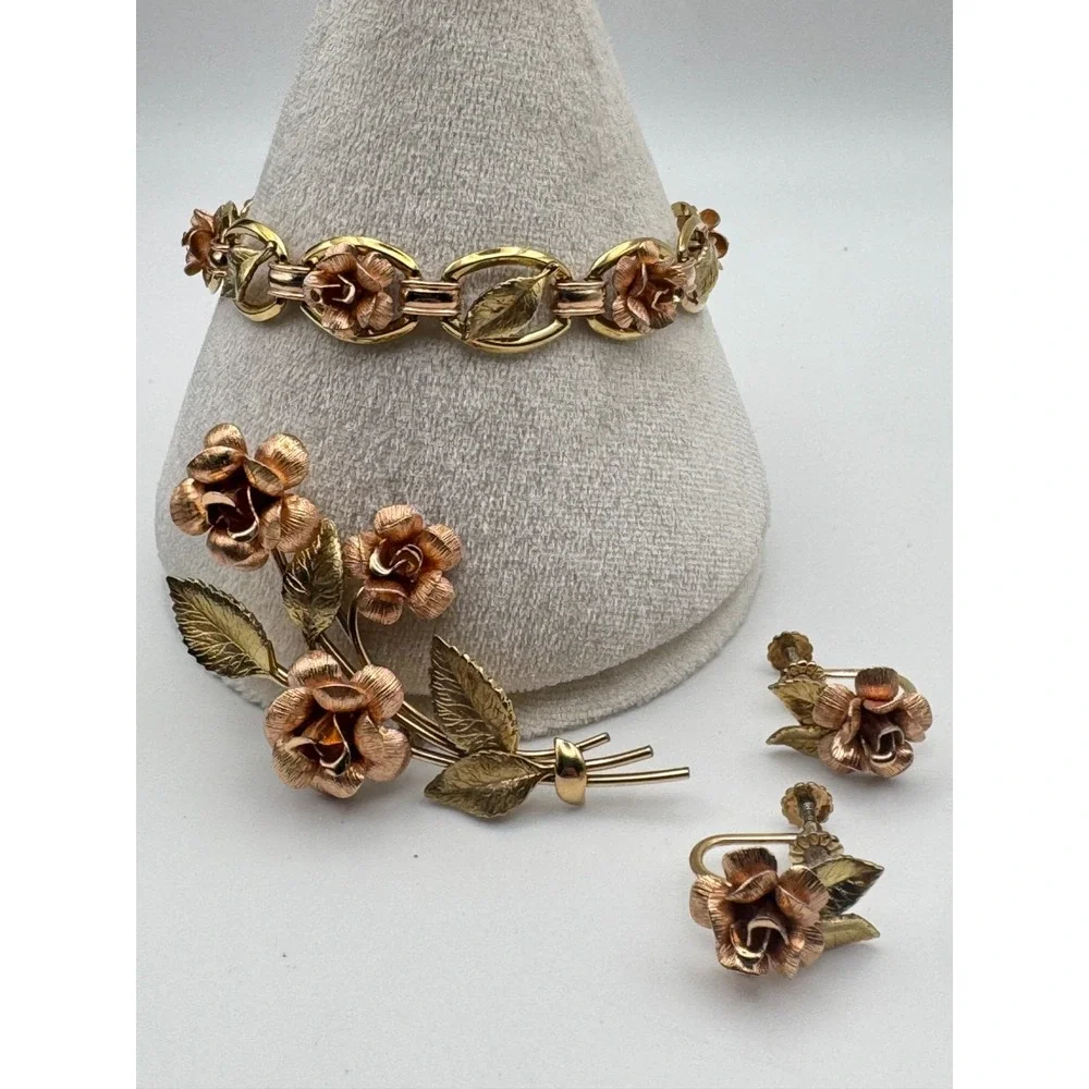 Vintage Krementz Bracelet Brooch Earrings Set Two Tone Rose